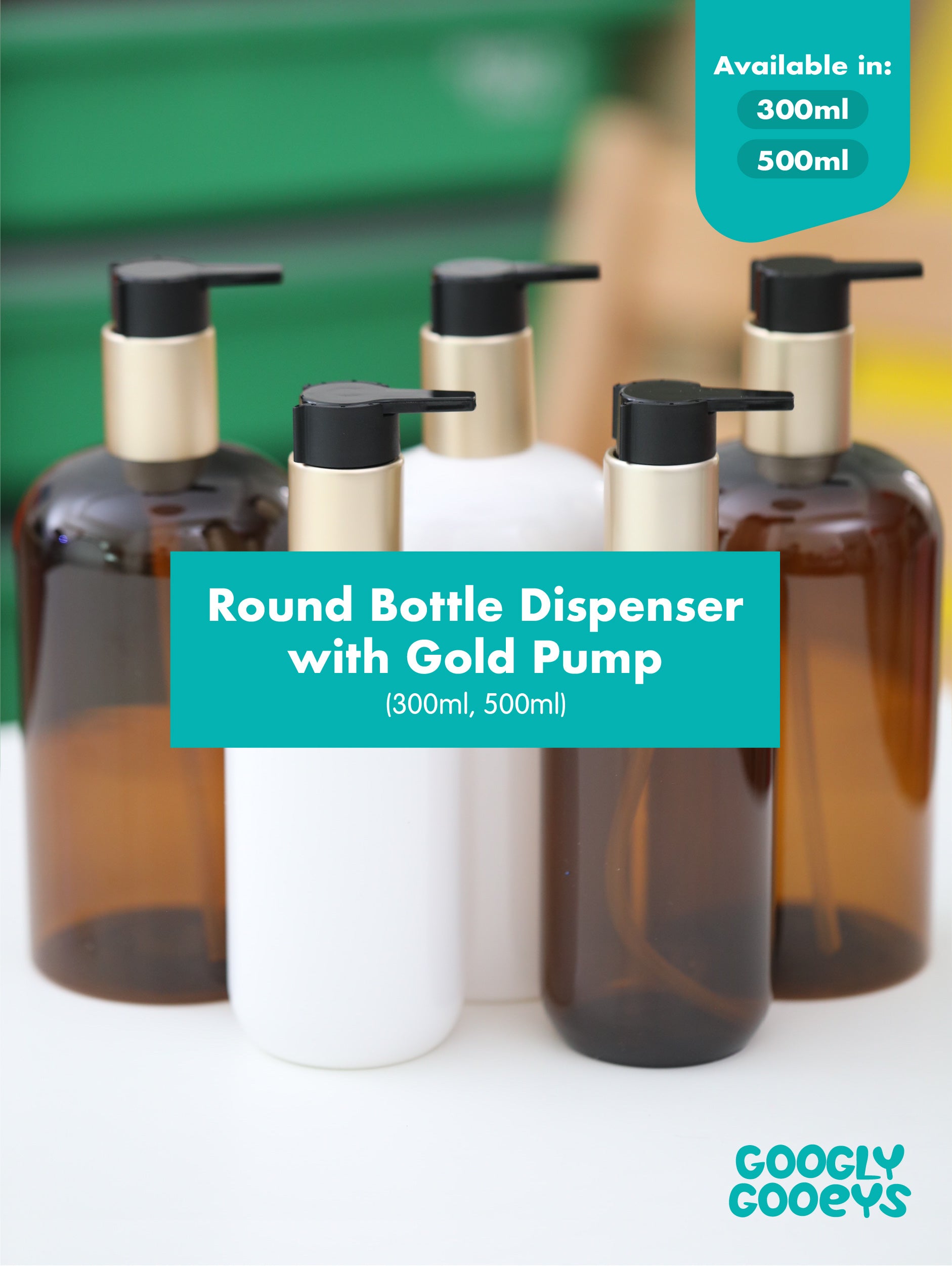 Round Bottle Dispenser with Gold Pump (300ml & 500ml)