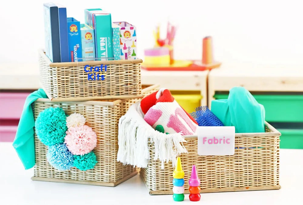 DIY Baskets with Pompom and Sticker Labels