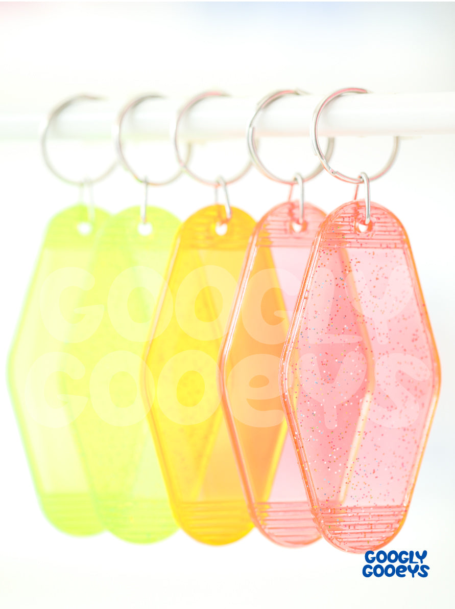 Glittered and Transparent Motel Keychains | 1.75in x 3.5in