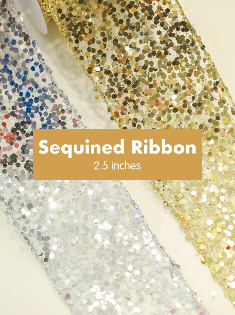 Sequins Ribbon for Gifts | Gift Ribbons with Wired Edge (2.5 inches thickness)